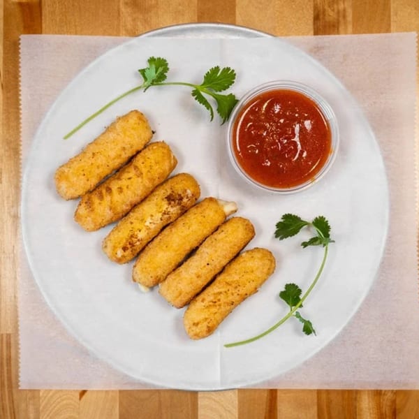 Six golden-brown mozzarella sticks with a side of red marinara sauce and cilantro on a white plate.